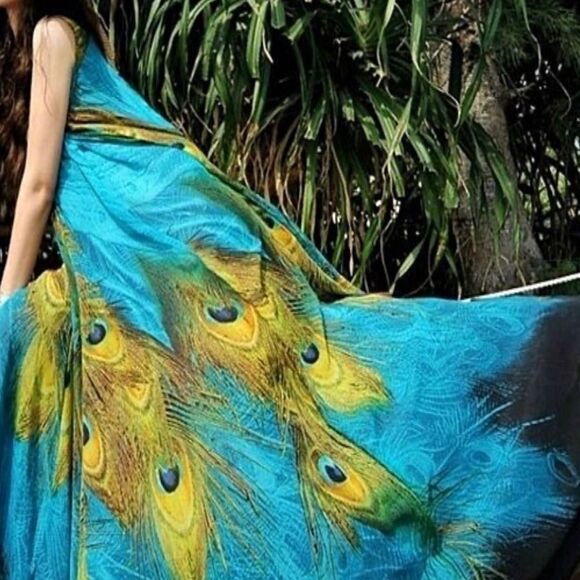 Stunning PEACOCK Feather Animal Print Sleeveless Chiffon Maxi Shift Kaftan Dress - Picture 6 of 9